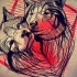 Romantic black-and-red wolf couple tattoo design