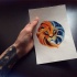 Round half-orange half-blue lion head tattoo design