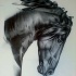 Sad realistic bowed black horse head tattoo design