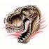 Scary brown rawring dinosaur on red striped background tattoo design