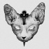 Scary demonuc mad-eyed cat with a cross tattoo design