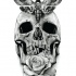 Scary grey-ink skull with moth and rose tattoo design