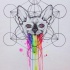 Scary hypno-cat with rainbow vomit on geometric background tattoo design