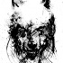 Scary wolf head tattoo design in black splashes
