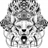 Screaming wolf in indian leader hat and sacred signs tattoo design