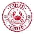 Scrubbed red-ink crab logo in quoted circle tattoo design