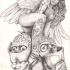 Sexy tattooed girl angel and two skulls in masks tattoo design