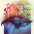 Sleepy blue whale with rainbow forest on back tattoo design