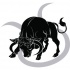 Small blacl bull standing on large grey zodiac symbol tattoo design