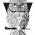 Super geometric owl on black triangle background tattoo design