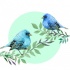 Sweet blue sparrow couple sitting on leaved branches tattoo design