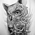 Sweet grey owl head and a rose in smoke tattoo design