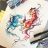 Swirly azul e laranja dragon friends tattoo design