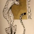 Thin cartoon cheetah sitting at brown watercolor square tattoo design