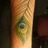 Tatuaje en el antebrazo,
pluma de pavo real  espléndida