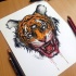 Three-eyed tiger head with blooded mouth tattoo design