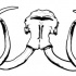 Three black-and-white mammoth skulls touching with horns tattoo design