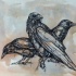 Three black-and-white waiting ravens tattoo design