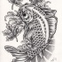 Traditional black-and-white fish and small maple leaves tattoo design