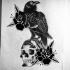 Traditional black-and-white raven sitting on skull with rose flowers tattoo design
