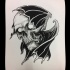 Traditional black-ink flying bat and human skull tattoo design
