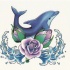 Traditional blue dolphin in water and purple flower tattoo design