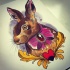 Traditional brown rabbit in pink bow tattoo design