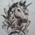 Projeto de tatuagem de unicórnio e lírio de flores de circo tradicional