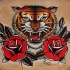 Traditional colored tiger and rose buds tattoo design