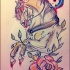 Traditional colorful horse with half moon and rose flower tattoo design