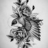 Traditional dotwork bird with rose buds tattoo design
