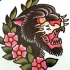 Traditional gnarling panther head and cherry blossom tattoo design