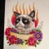 Traditional grumpy cat and flowers on fire background tattoo design