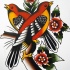 Traditional old school bird couple with flowers tattoo design