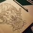 Traditional outline ram skull with bird and huge rose tattoo design