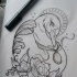 Traditional outline swan with gem medallion and roses tattoo design