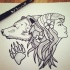 Traditional uncolored girl and bear heads with paw print tattoo design