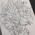 Traditional uncolored raven and roses tattoo design