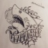 Traditional uncolored shark with quoted ribbon tattoo design