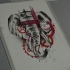 Trash polka grey elephant head and red cogwheel elements tattoo design