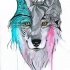 Turquoise-and-pink watercolor wolf portrait design