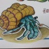 Turquoise hermit crab in yellow purple-striped shell tattoo design