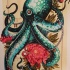 Turquoise spotted octopus and red flowers tattoo design