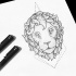 Uncolored lion head on geometric background tattoo design