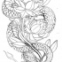 Uncolored snake twining around peony flower stem tattoo design