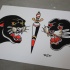 Unique old school panther heads separated with dagger tattoo design
