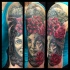 New school style colored shoulder tattoo of woman face with rose and crow