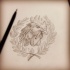 Unolored pencil-drawn rooster head framed with laurel branches tattoo design