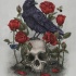 Unuque colorful raven with skull and red flowers tattoo design