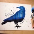 Watercolor raven with night forest view tattoo design